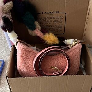 Coach Pink Shearling Bag with long leather and short multicolor shearling Strap